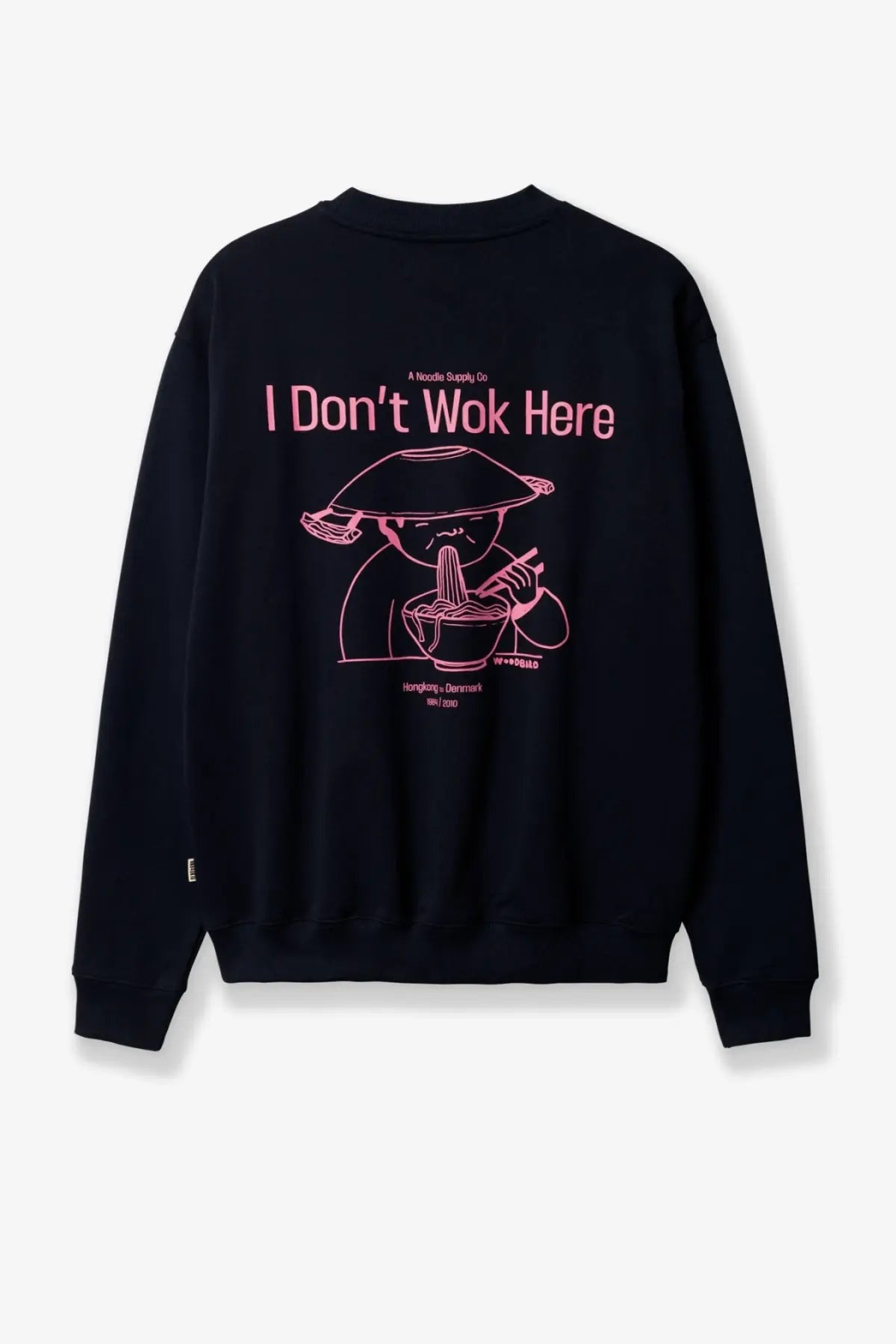 Black crewneck sweatshirt with pink line-art graphic and i dont wok here text on the back organic cotton