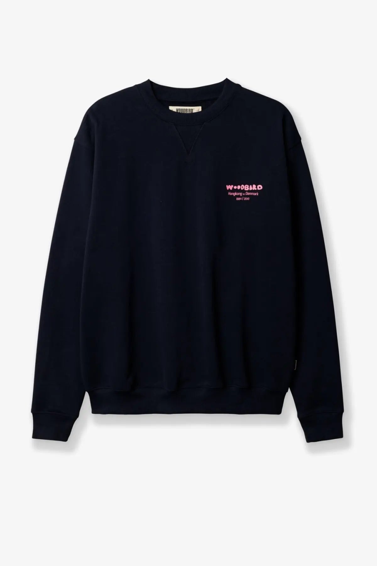 Black crewneck sweatshirt with pink embroidered text on left chest made from organic cotton by woodbird