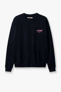 Black crewneck sweatshirt with pink embroidered text on left chest made from organic cotton by woodbird