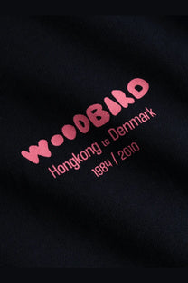 Woodbird mens wbcane organic cotton black sweatshirt with bold pink embroidered logo and hongkong to denmark text