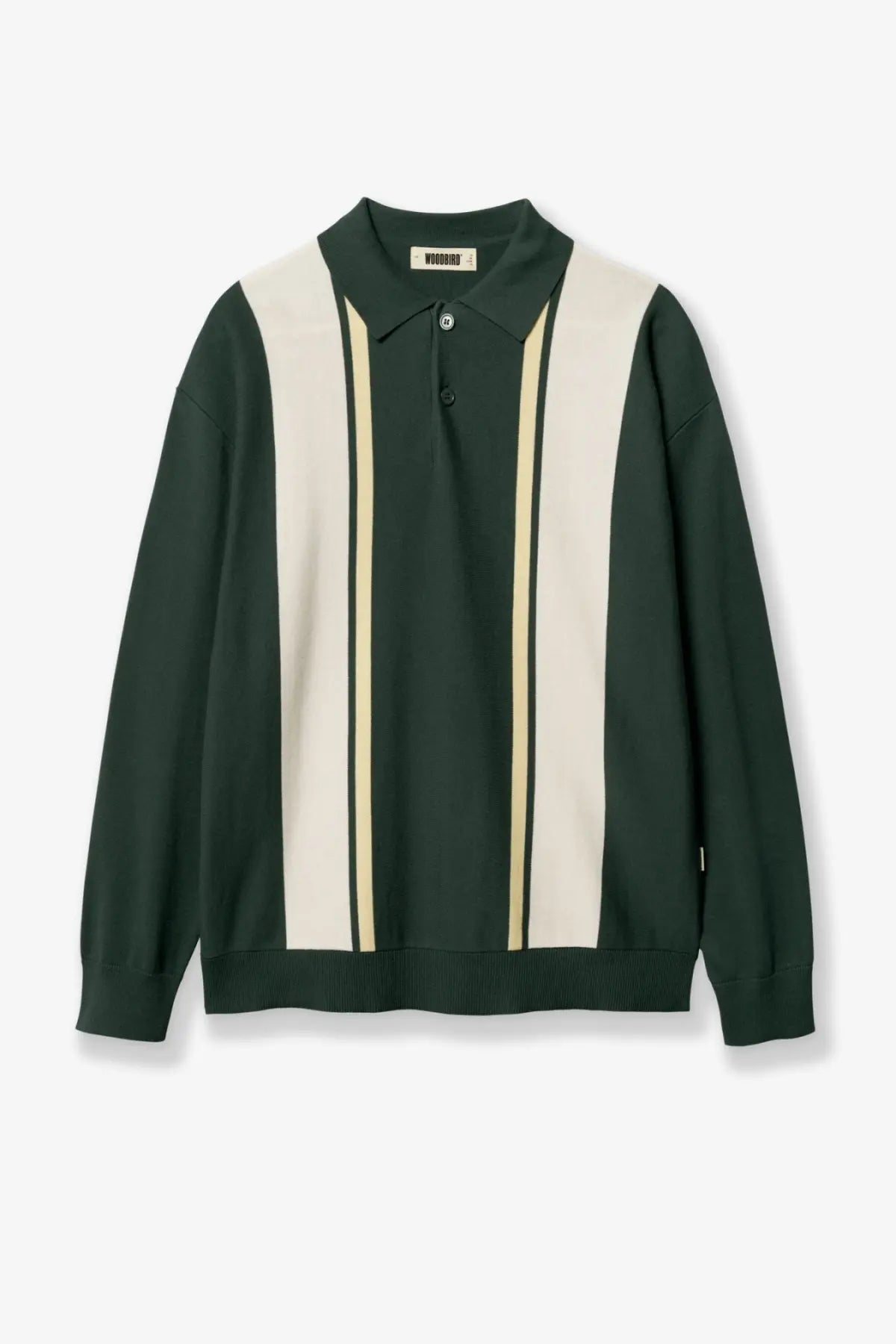 Woodbird men’s wbdom grand polo cotton shirt in dark green and cream stripes with ribbed collar cuffs and hem
