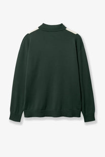 Woodbird men’s green cotton polo shirt with dark green knit ribbed collar cuffs and white shoulder panels