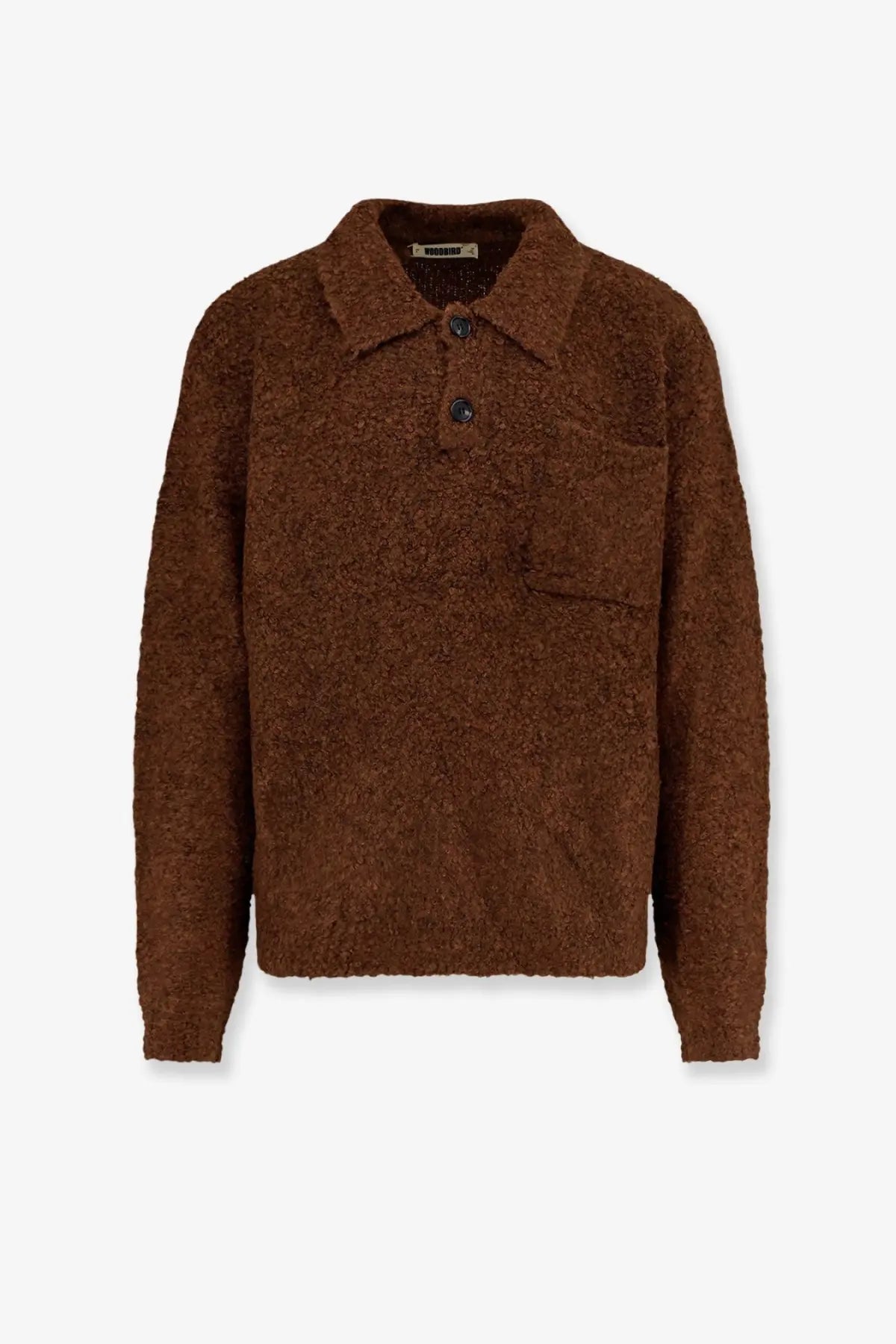 Woodbird men’s wbdom loop sweater brown textured knit polo sweater with collar and two dark buttons