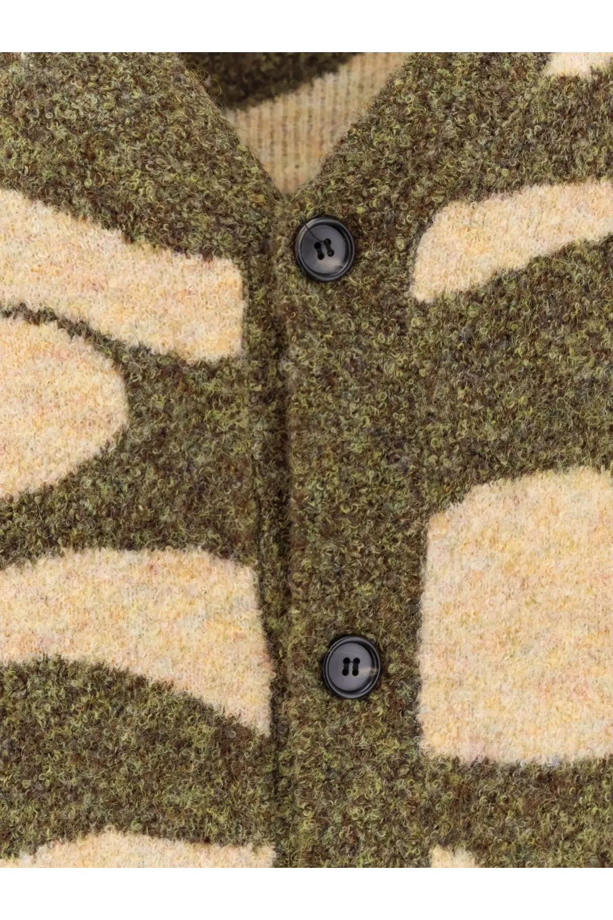 Woodbird men’s wbkoon cloud cardigan green olive and beige abstract knit with black buttons visible front side