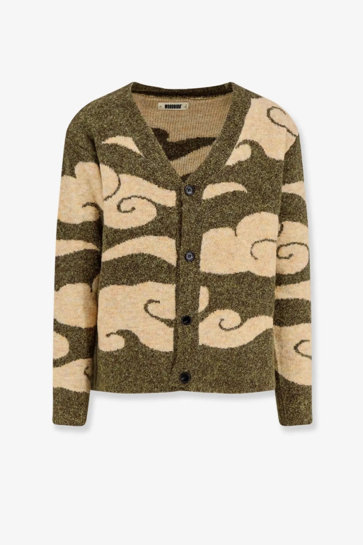 Woodbird men’s wbkoon cloud cardigan in olive green and cream knit with v-neck and button closure