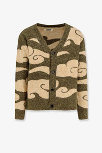 Woodbird mens wbkoon cloud cardigan in olive green and cream knit with v-neck and button closure