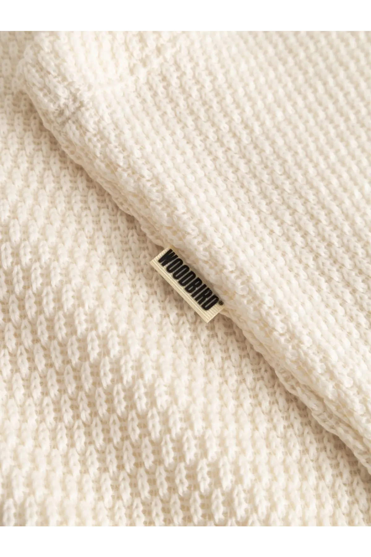 Cream-colored textured knit blanket with visible woodbird brand tag for woodbird men’s wblung viscose blend tank top white