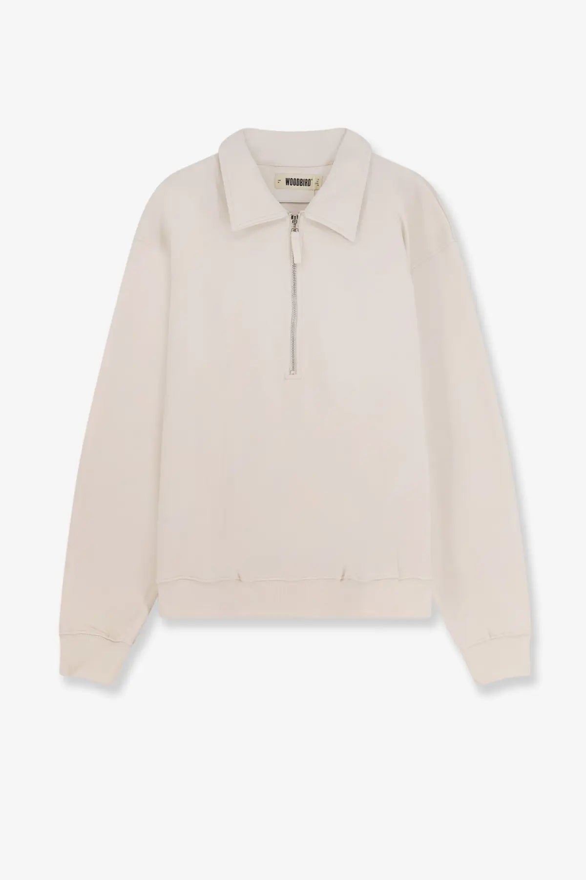 Woodbird men’s wbtom organic cotton sweatshirt white cream-colored soft polo-style with half-zip front and ribbed cuffs