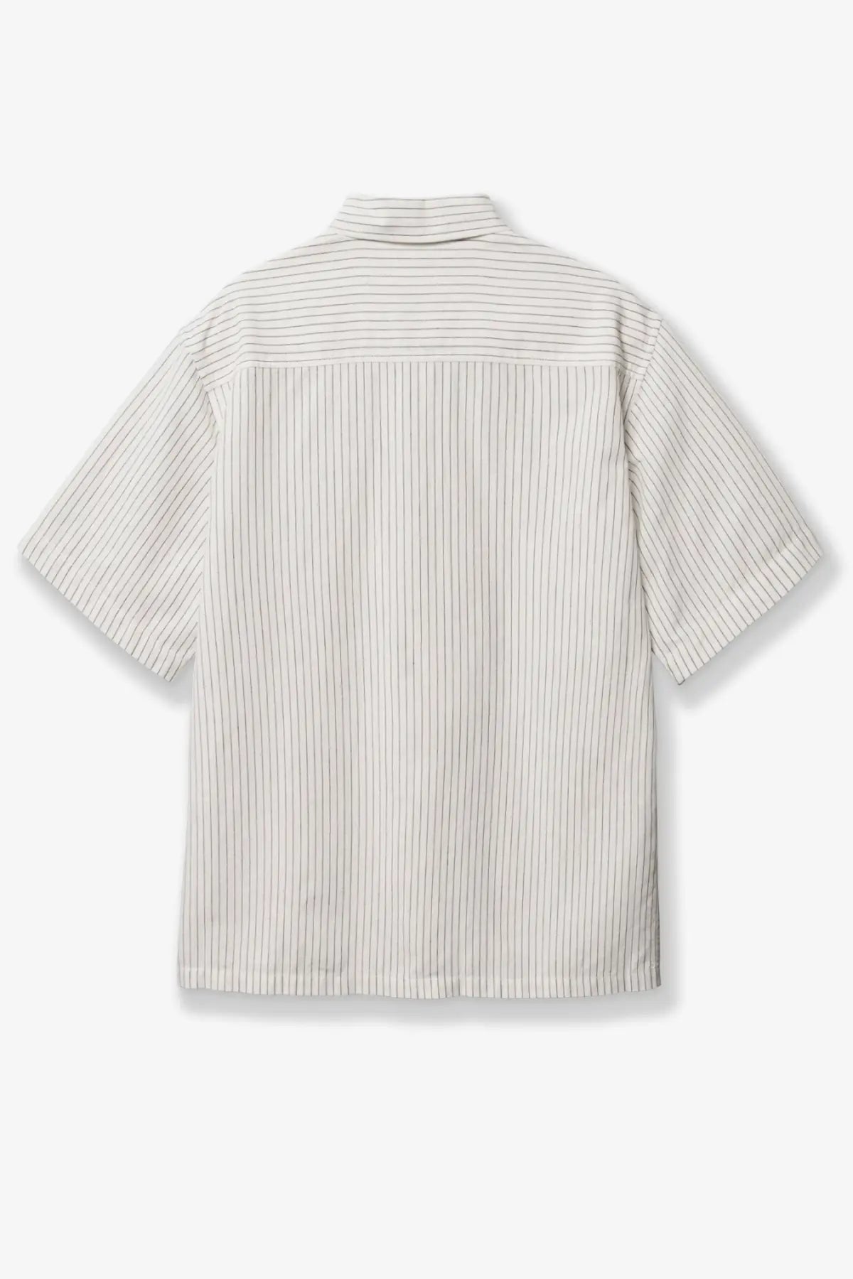 Woodbird men’s wbwang short-sleeved shirt in light beige linen and cotton blend with fine black vertical stripes