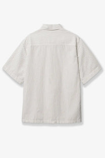 Woodbird men’s wbwang short-sleeved shirt in light beige linen and cotton blend with fine black vertical stripes