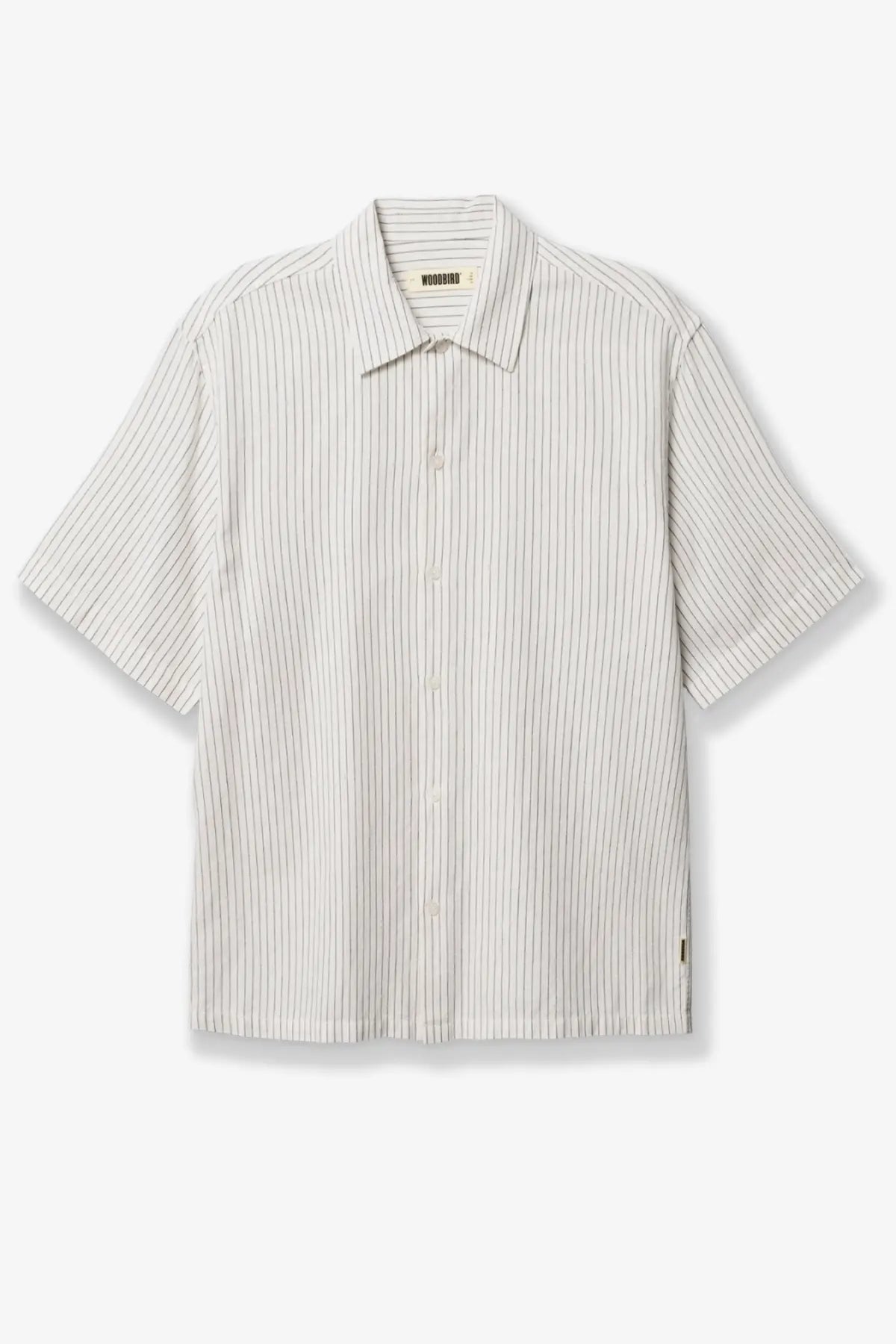 Woodbird men’s Wbwang short-sleeved button-up shirt in light beige linen and cotton blend with fine black stripes