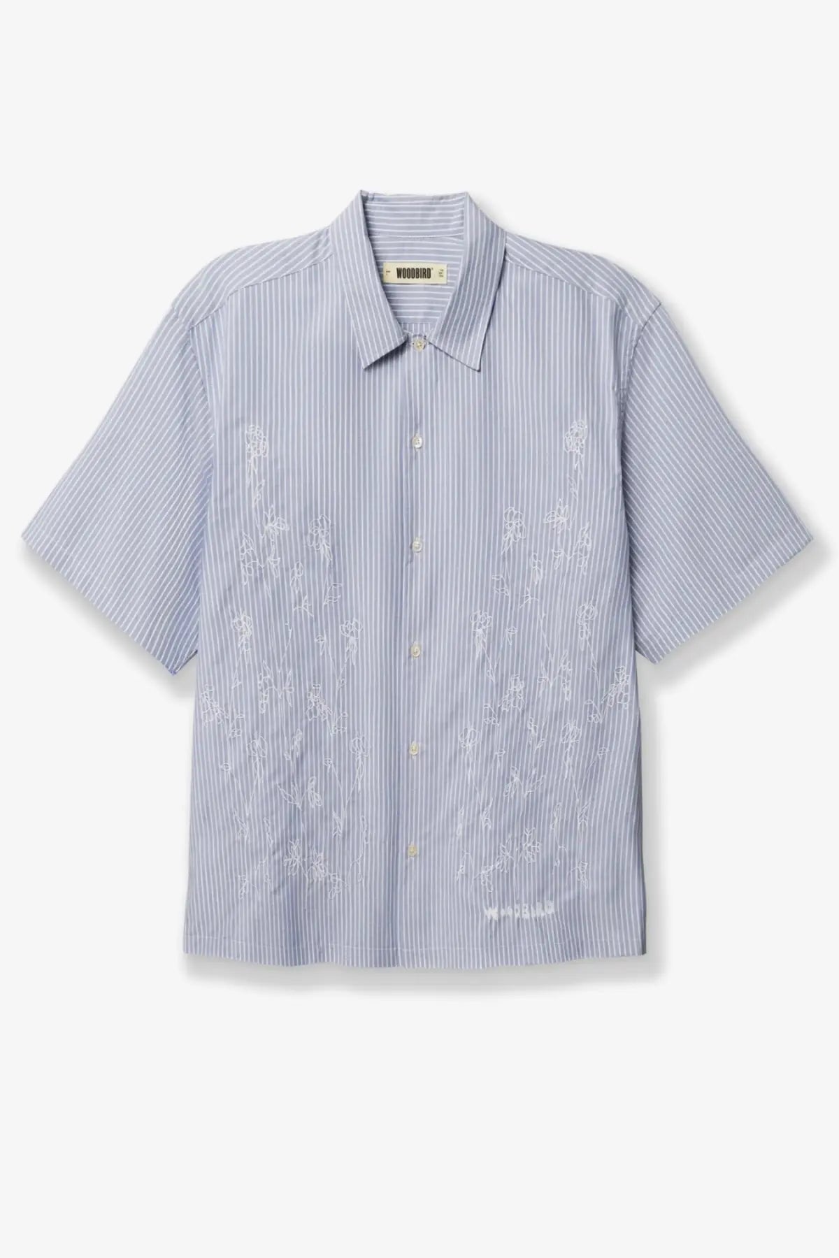 Woodbird men’s wbwang ox flower striped cotton shirt in light blue and white with embroidered floral patterns