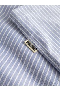 Woodbird men’s wbwang ox flower striped cotton shirt in blue with light blue and white vertical stripes and beige collar label