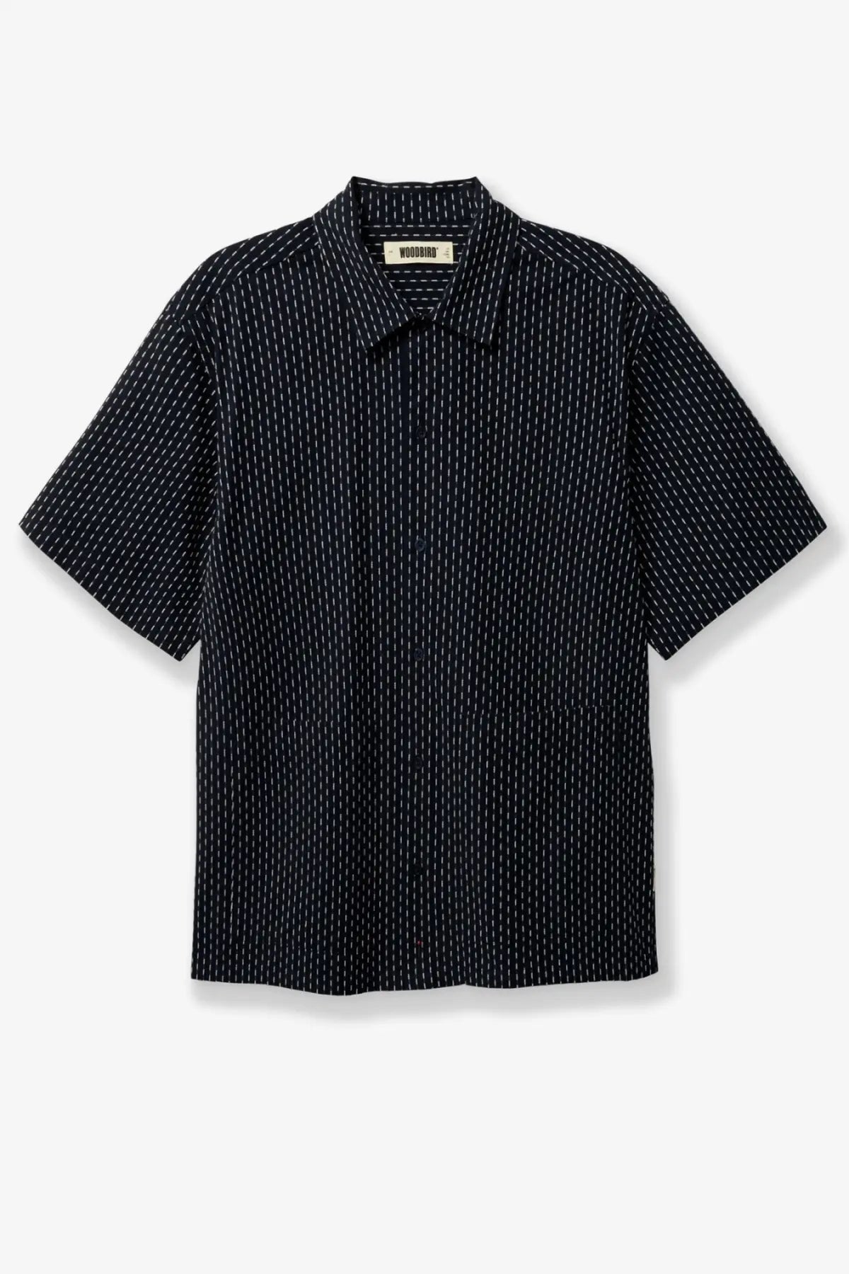 Woodbird men’s wbwang shiko cotton shirt blue in black with fine white vertical pinstripes and short sleeves