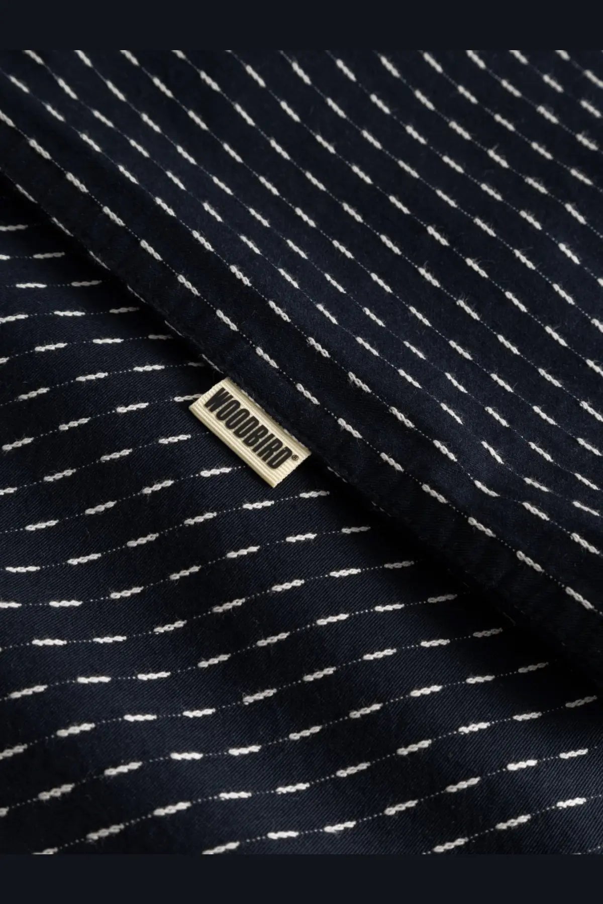 Woodbird mens wbwang shiko cotton shirt in dark navy with white dotted lines and a small beige brand tag