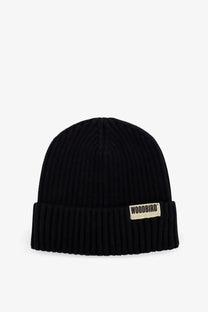 Woodbird men’s wbyeti cotton beanie hat black ribbed knit with folded cuff and beige brand label
