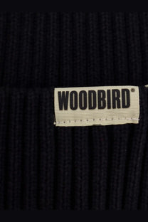 Woodbird men’s wbyeti cotton beanie hat black with a black ribbed knit and white woven brand label