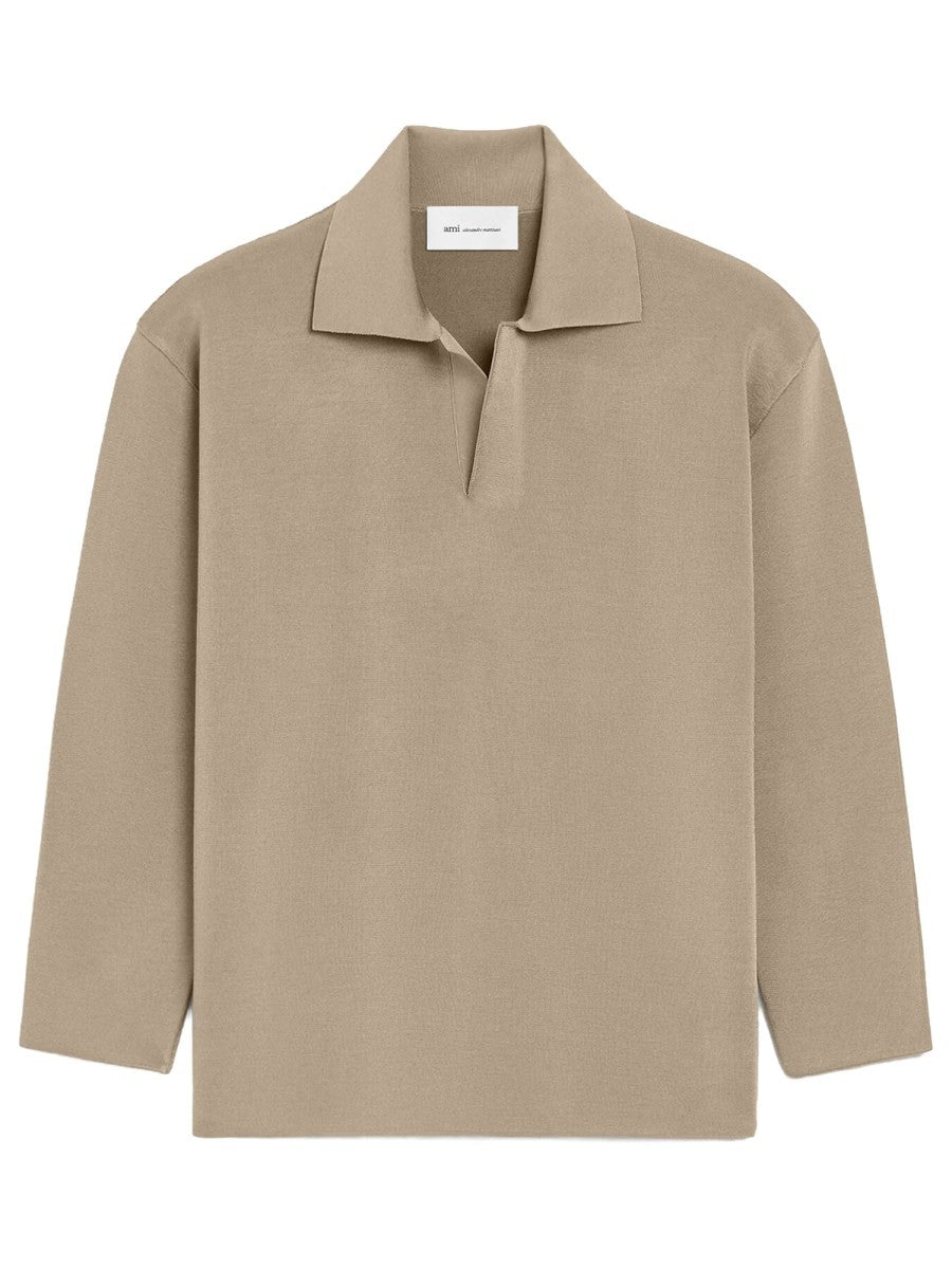 Ami Paris Men's Wool Blend Polo Shirt Beige