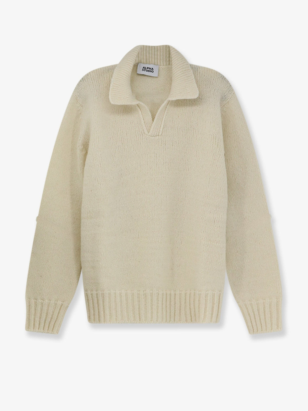 Alpha-Studio Men's Wool Blend Ribbed Collar Sweater White