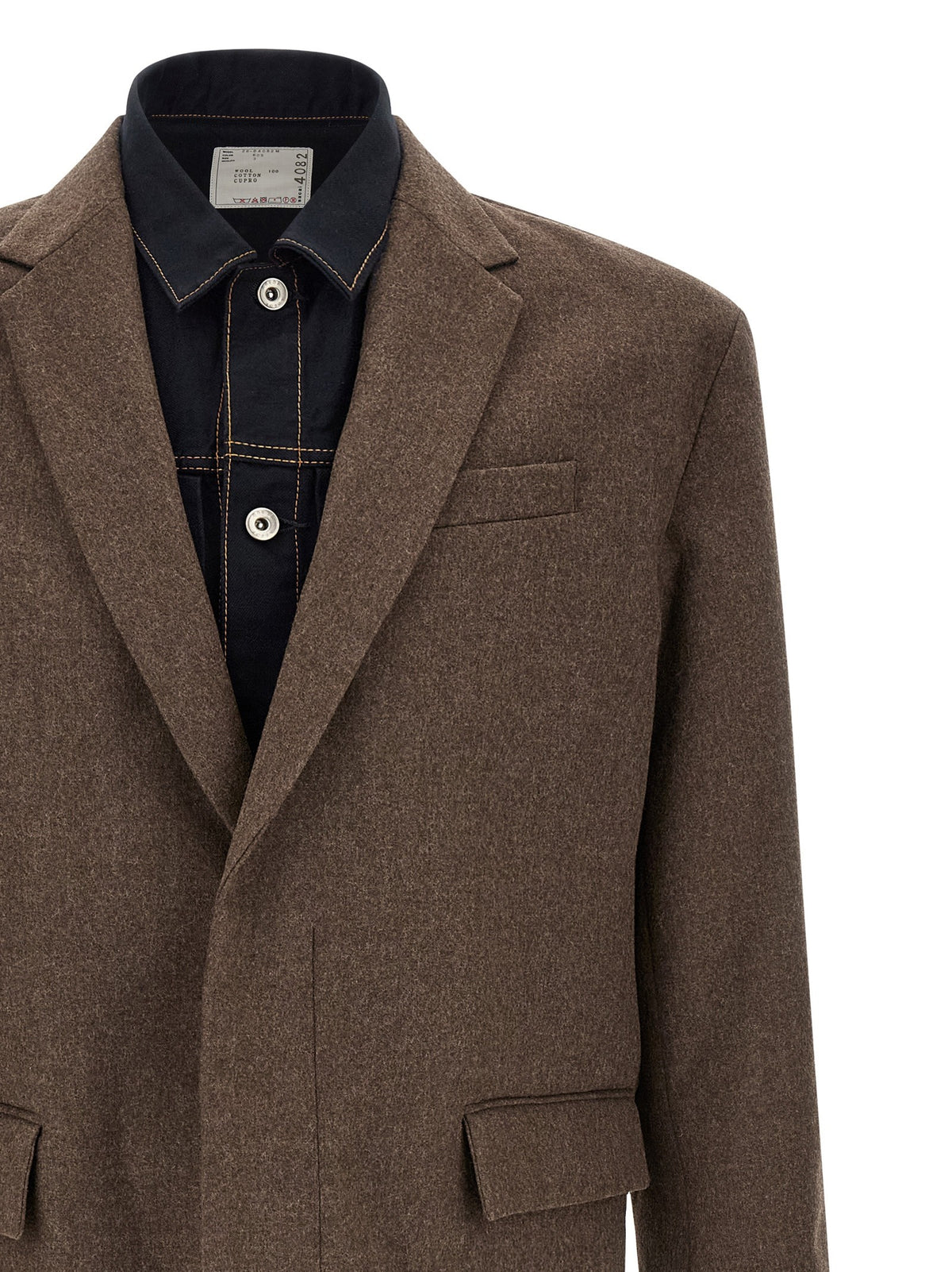 Sacai Wool Flannel Denim Coat Coat Brown, view 3