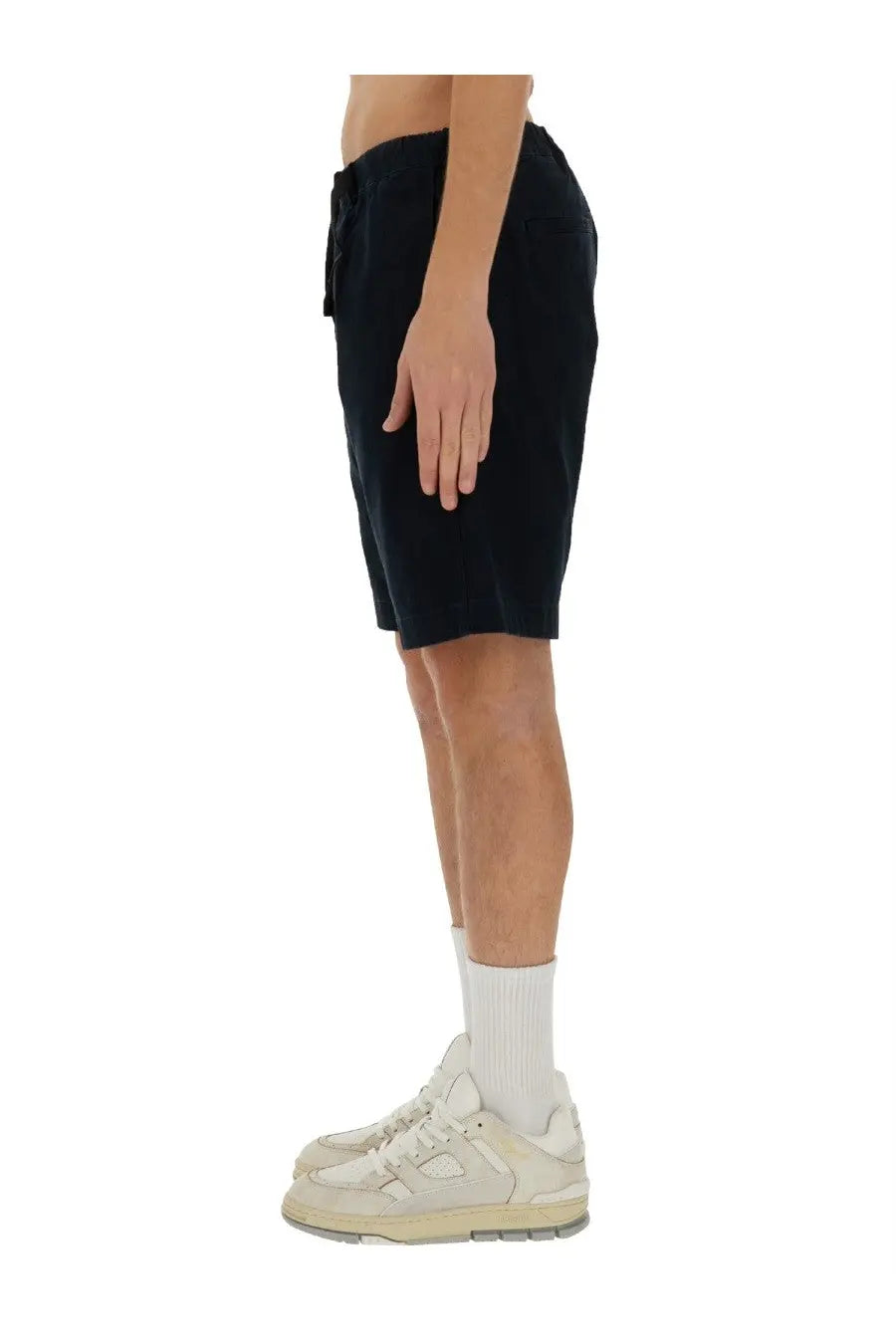 Black corduroy shorts with drawstring waistband shown from the back for woolrich men’s belted bermuda shorts blue product
