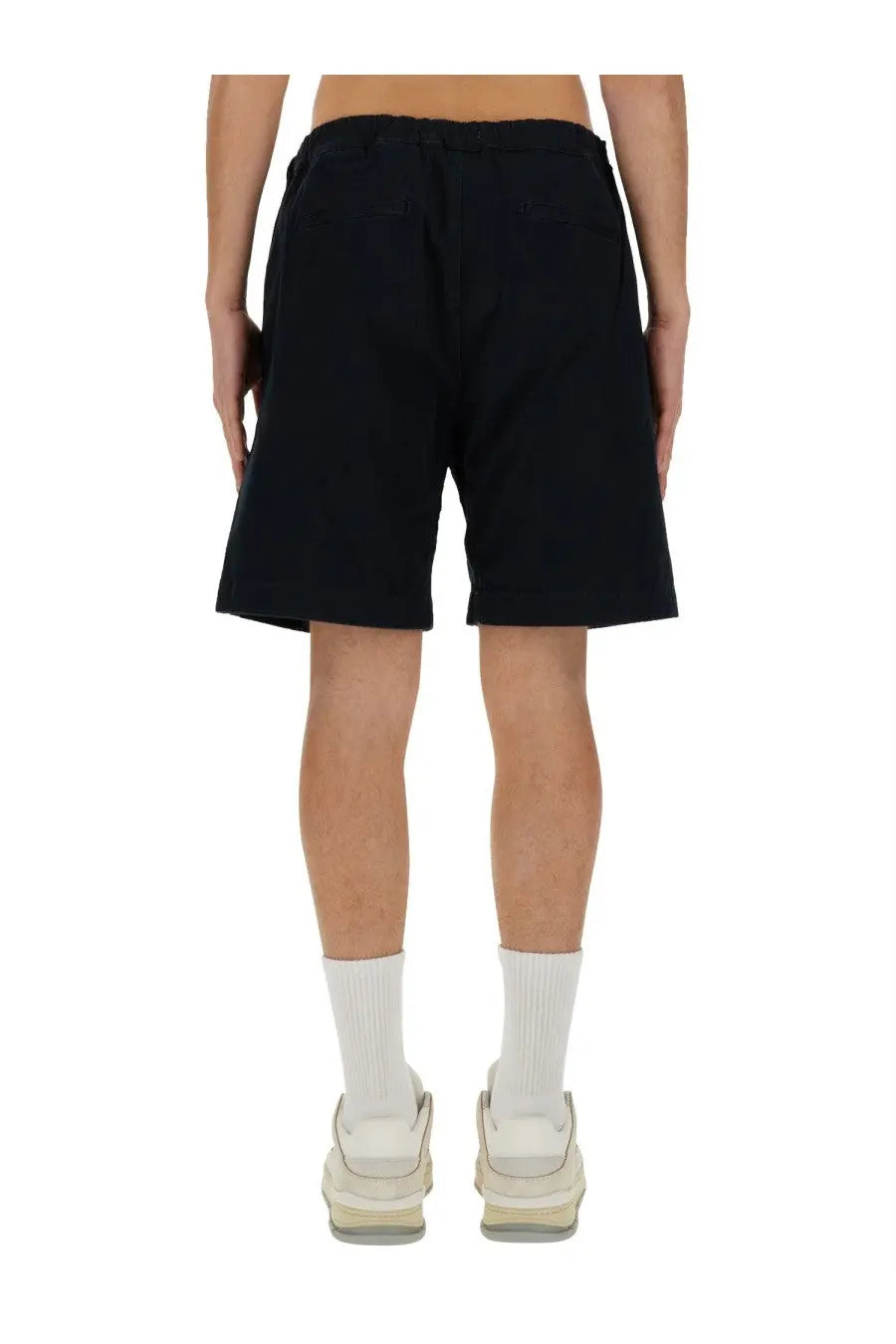 Black cotton shorts with drawstring waist and relaxed fit shown from the back in woolrich mens belted bermuda shorts blue