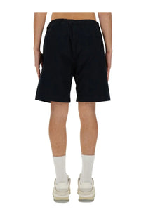 Black cotton shorts with drawstring waist and relaxed fit shown from the back in woolrich mens belted bermuda shorts blue