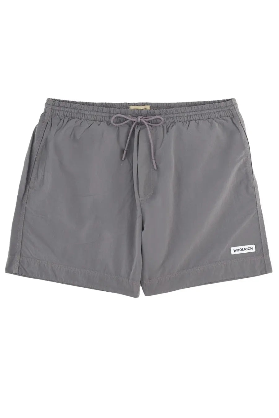 Woolrich men’s gray woolrich swim trunks with drawstring waistband and subtle leg branding for swimming use