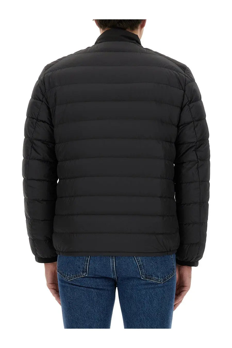 Woolrich men’s black quilted puffer jacket with horizontal stitching and high collar made from durable fabric
