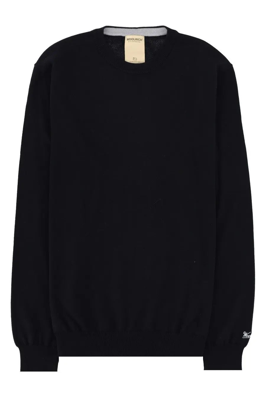Black woolrich crewneck sweater in cotton with ribbed cuffs and hem featuring subtle gray inner collar lining