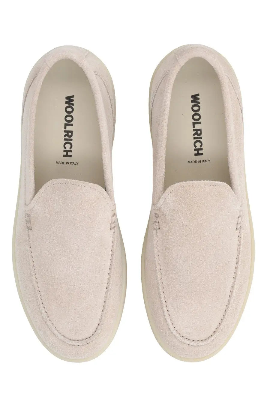 Cream-colored suede Woolrich men’s mocassino loafers with minimalist design and subtle stitching