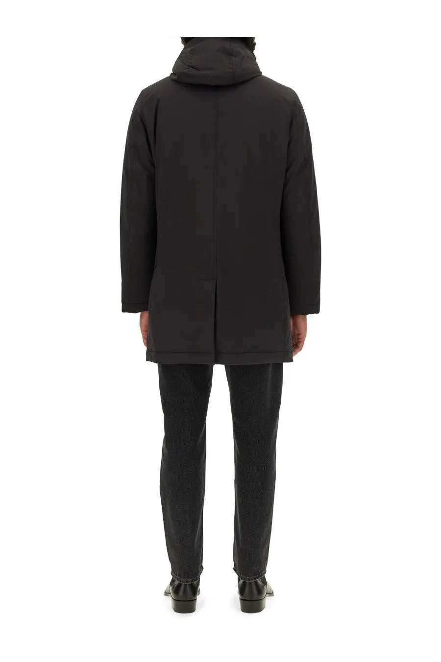 Woolrich men’s nylon jacket black with a sleek modern design and subtle seam detailing in a black hooded coat style