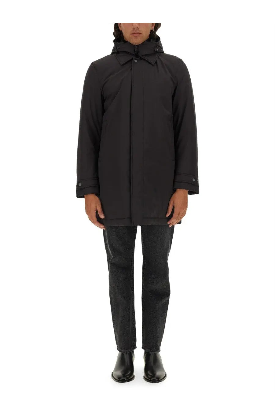 Woolrich men’s black nylon jacket with sleek minimalist design and subtle button details front view
