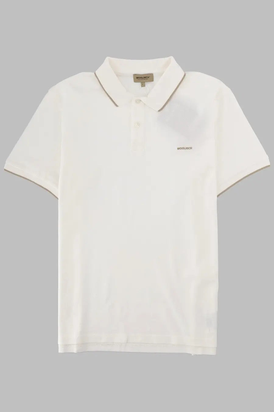 Woolrich men’s polo monterey in piqué white wool with subtle gray collar trim and small embroidered brand logo on chest