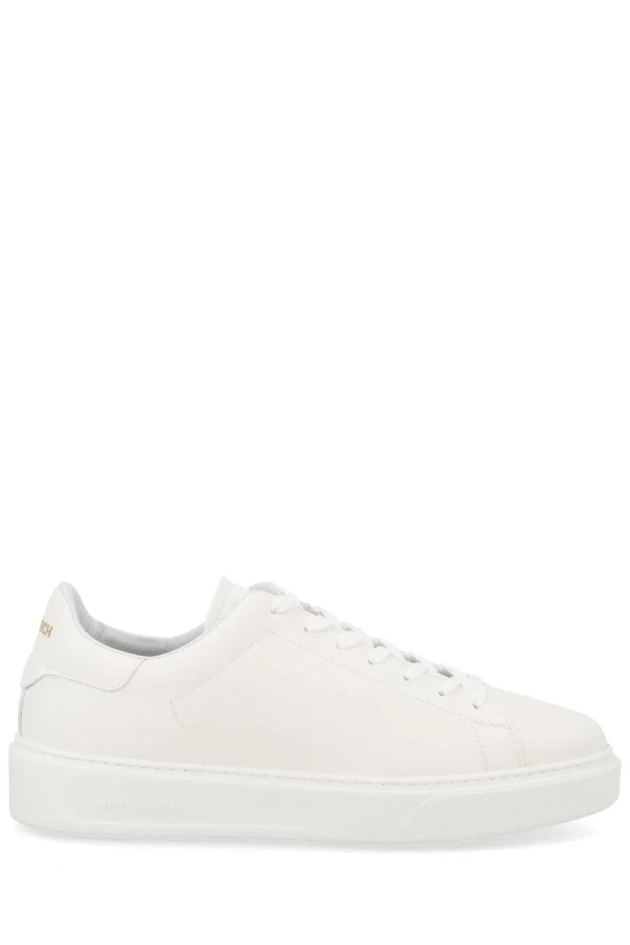 White leather low-top sneaker with clean minimalist design and subtle gold woolrich branding on the heel back side