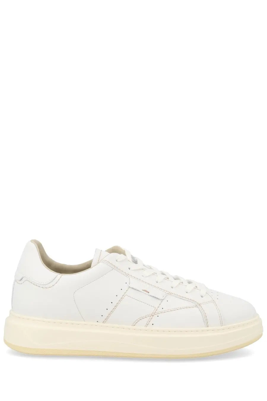 Woolrich men’s sneaker arrow man white low-top sneaker in white leather with cream platform sole and stitched detailing