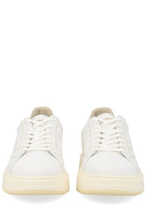 Woolrich men’s white leather sneakers with a clean minimalist design and subtle stitching details