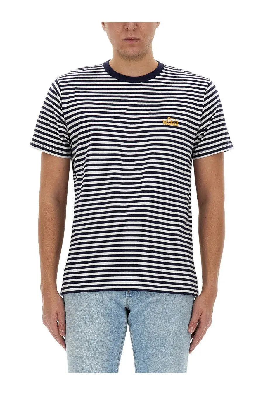 Woolrich men’s striped shirt blue black and white short sleeve cotton t-shirt with navy crew neck and gold logo