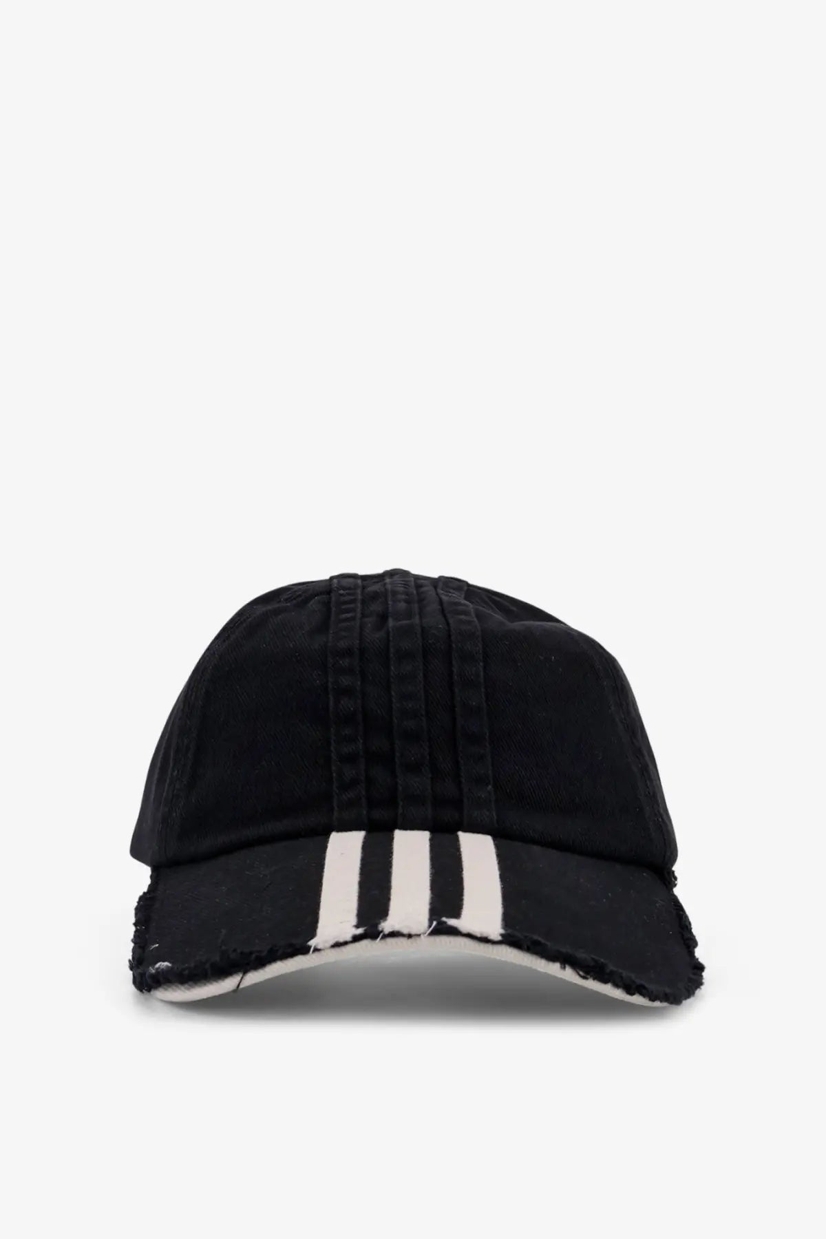 Y-3 men’s black cotton baseball cap with three white stripes on the front and a frayed denim brim