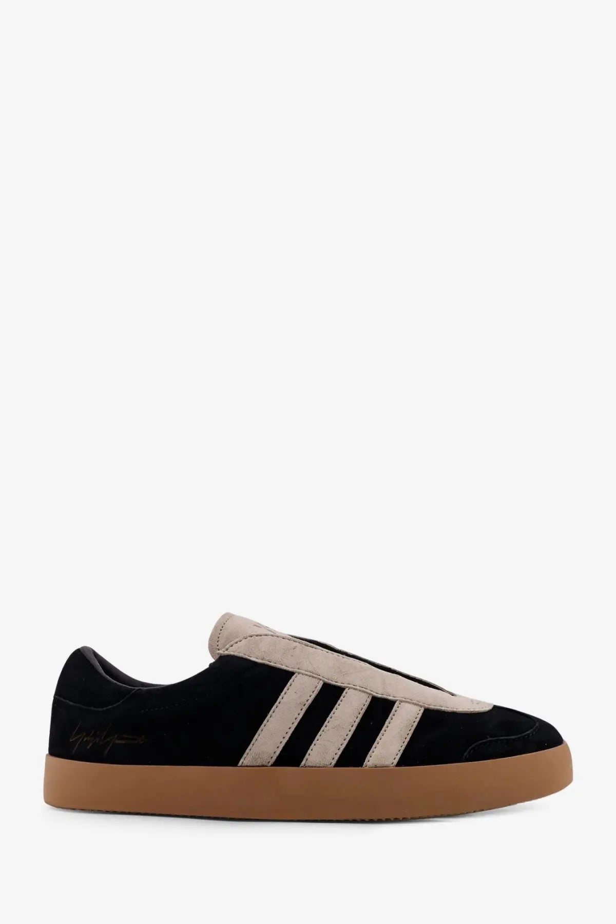 Y-3 men’s gazelle suede sneaker in black with beige three stripes and gum rubber sole for casual wear