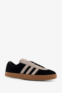 Y-3 men’s gazelle suede sneaker black with beige three stripes and gum rubber sole in black suede material