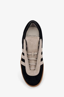 Y-3 men’s gazelle suede sneakers black in black and beige with three black stripes on the side