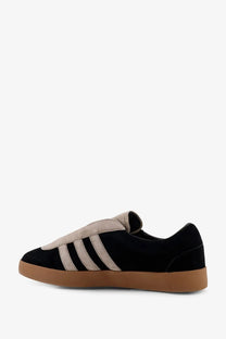 Black suede y-3 men’s gazelle slip-on sneaker with beige three stripes and gum rubber sole