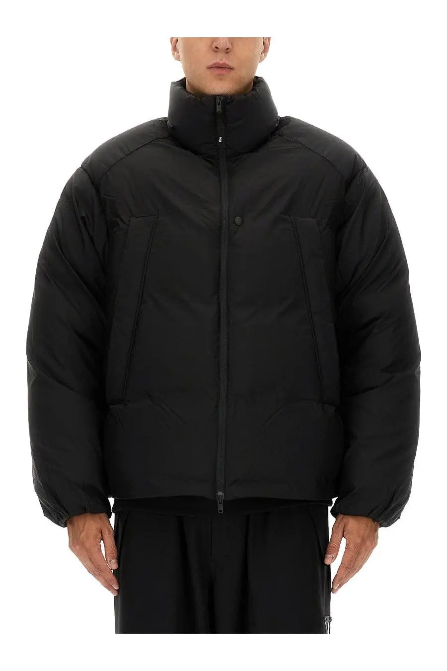 Y-3 men’s padded jacket black with high collar and quilted design in a warm puffer style for cold weather