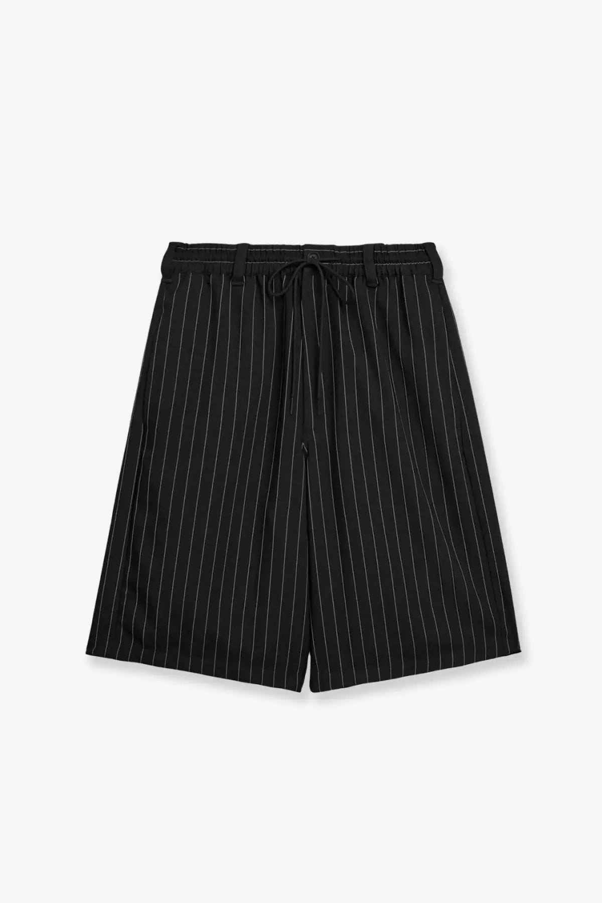 Y-3 men’s black pinstriped bermuda shorts with drawstring waistband made from lightweight fabric