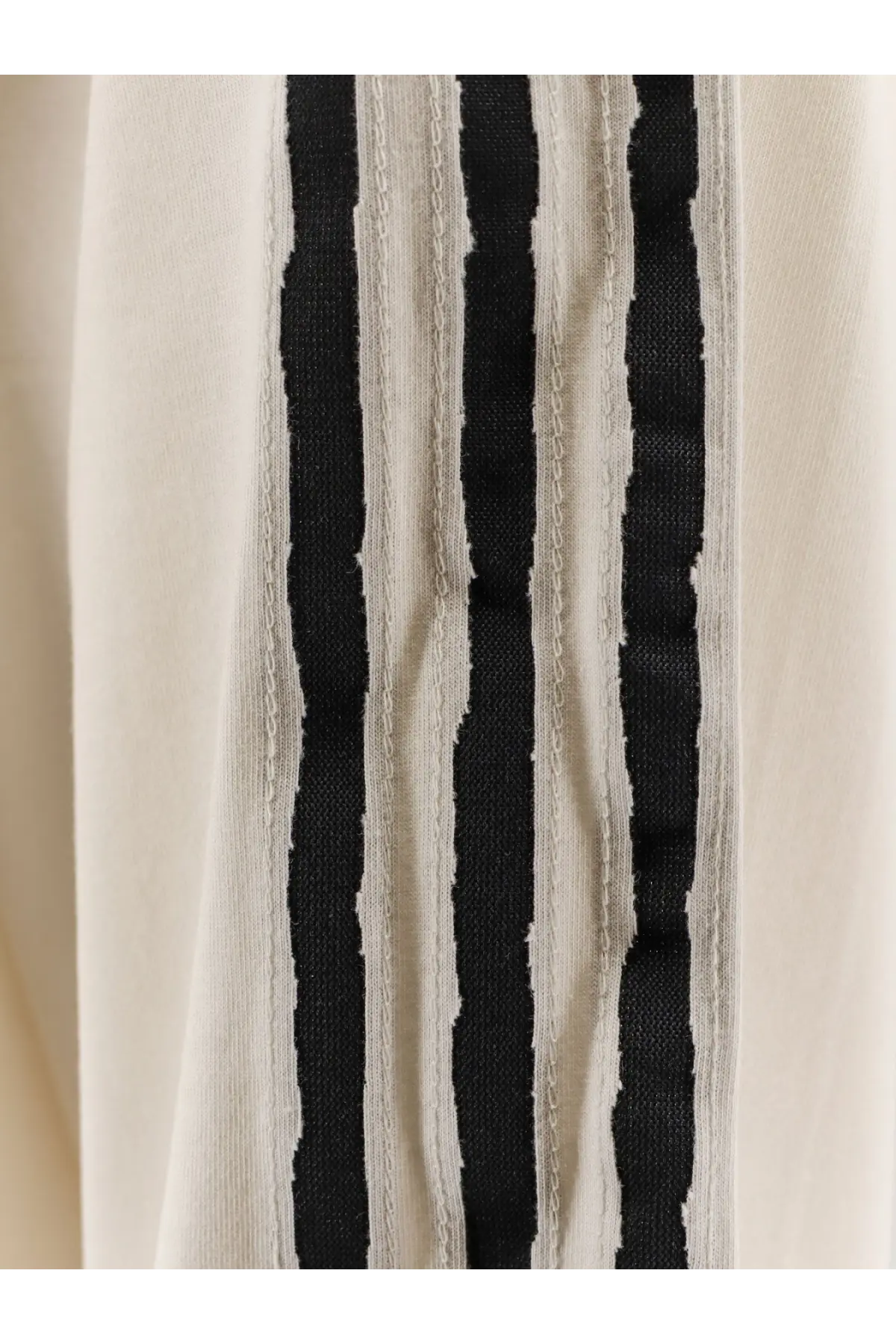Y-3 men’s re 3s ls cotton sweater beige with bold textured black vertical stripes on cream fabric