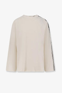 Y-3 men’s re 3s ls cotton sweater beige cream long-sleeved top with black striped detailing along the sleeves