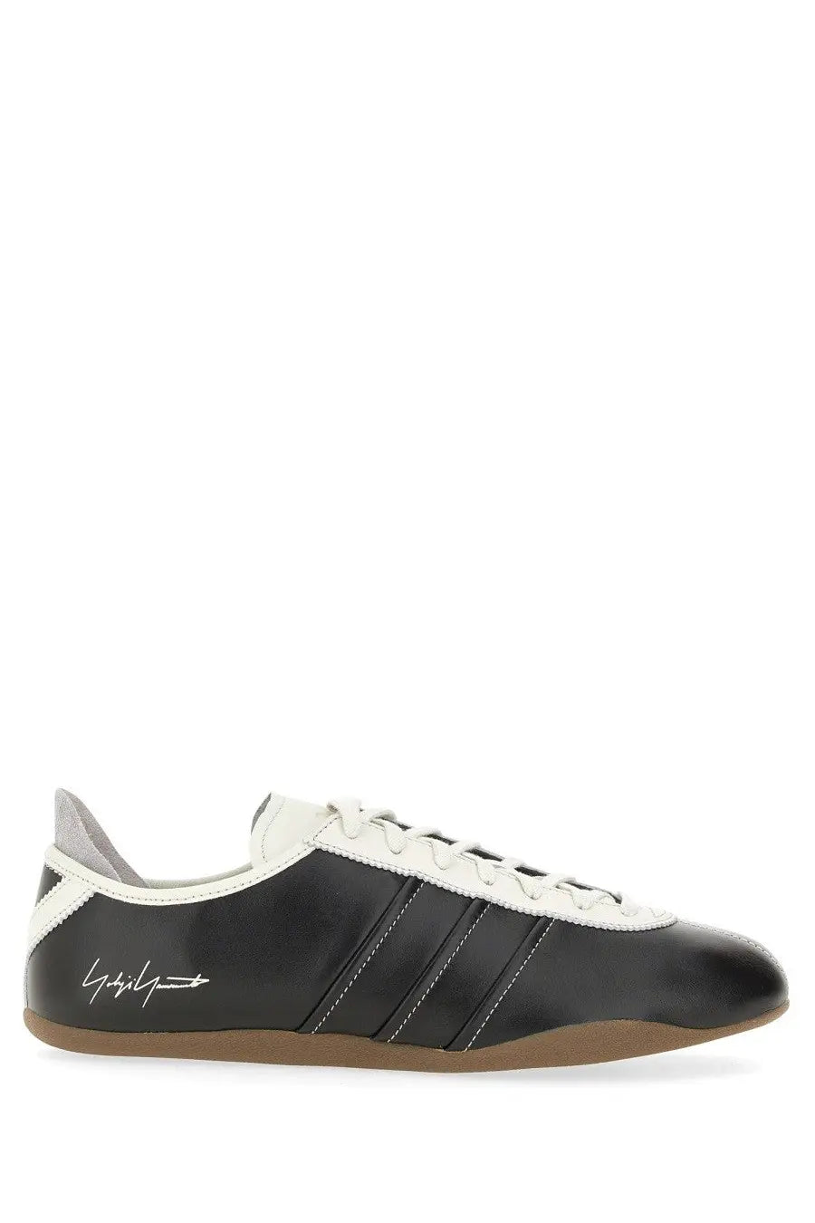 Y-3 men’s sneakers Tokyo black with glossy leather upper, black stripes, cream laces and tongue, tan rubber sole