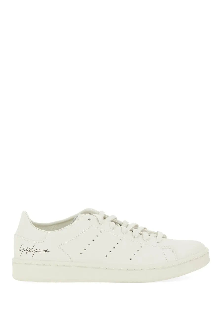 White leather y-3 men’s stan smith low-top sneaker with black branding and perforated detailing in grey