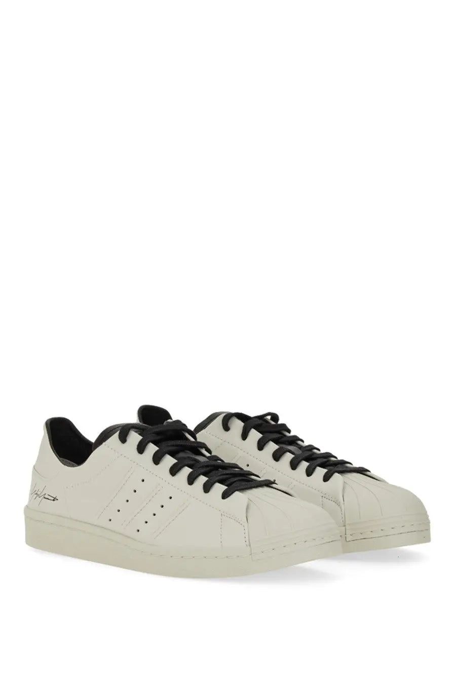 Y-3 men’s superstar sneaker white cream-colored leather with black laces and adidas three-stripe design
